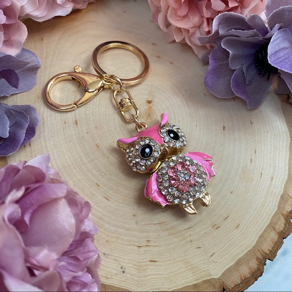 Hot Pink Crystal Owl on a Gold Keychain - Picture 6 of 12